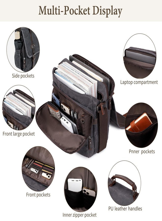 Wogarl 15.6 Inch Messenger Bag for Men: Genuine Leather Waxed Canvas Briefcase Large Computer Laptop Bag, Satchel Shoulder Handbags Crossbody Bags for Work (Grey Black) - Image 3